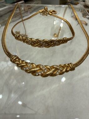 Vintage Avon GoldTone Braided Rope Necklace & Bracelet Set Signed with crystals